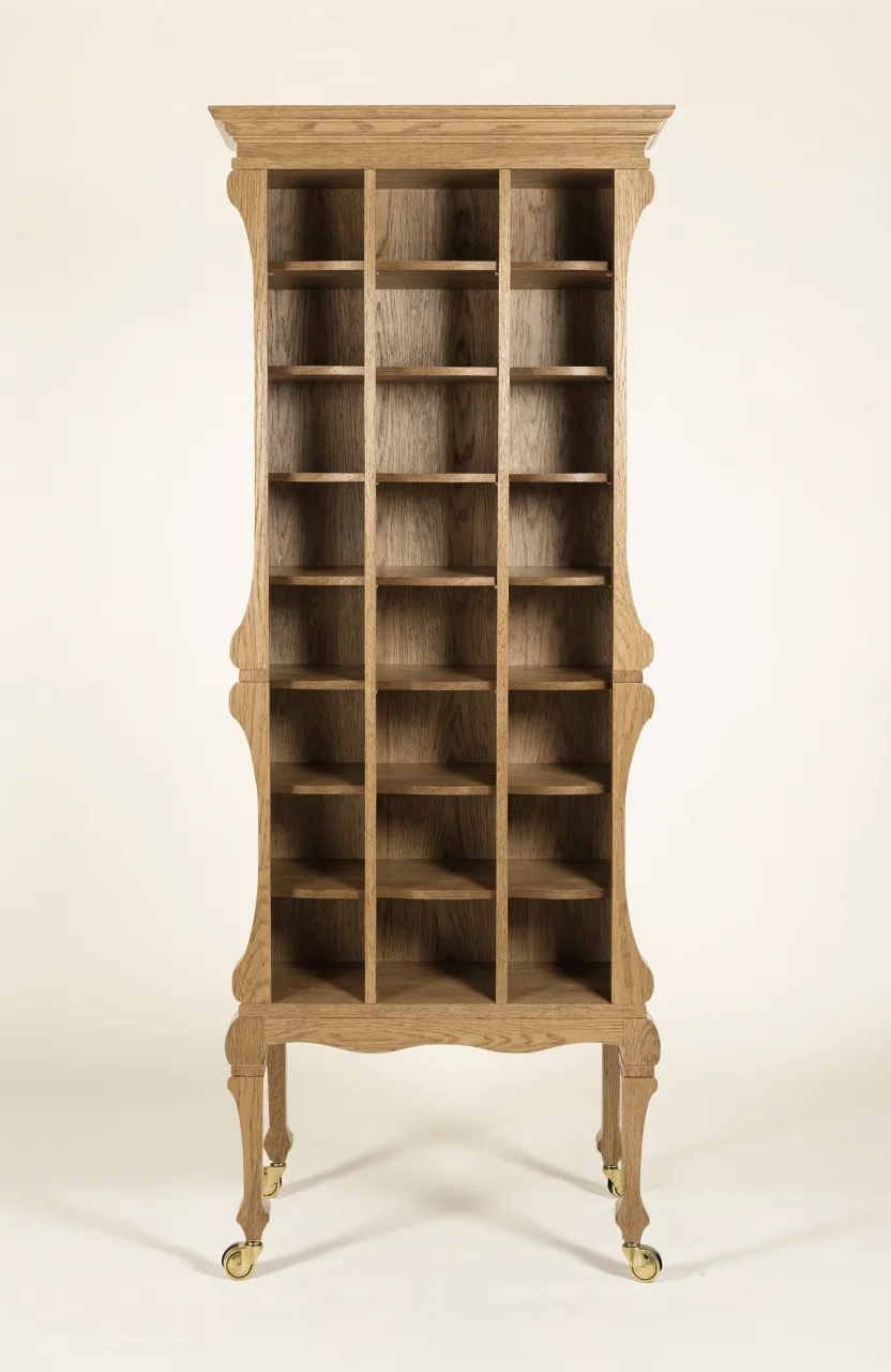 Tall light oak bookcase shelving unit